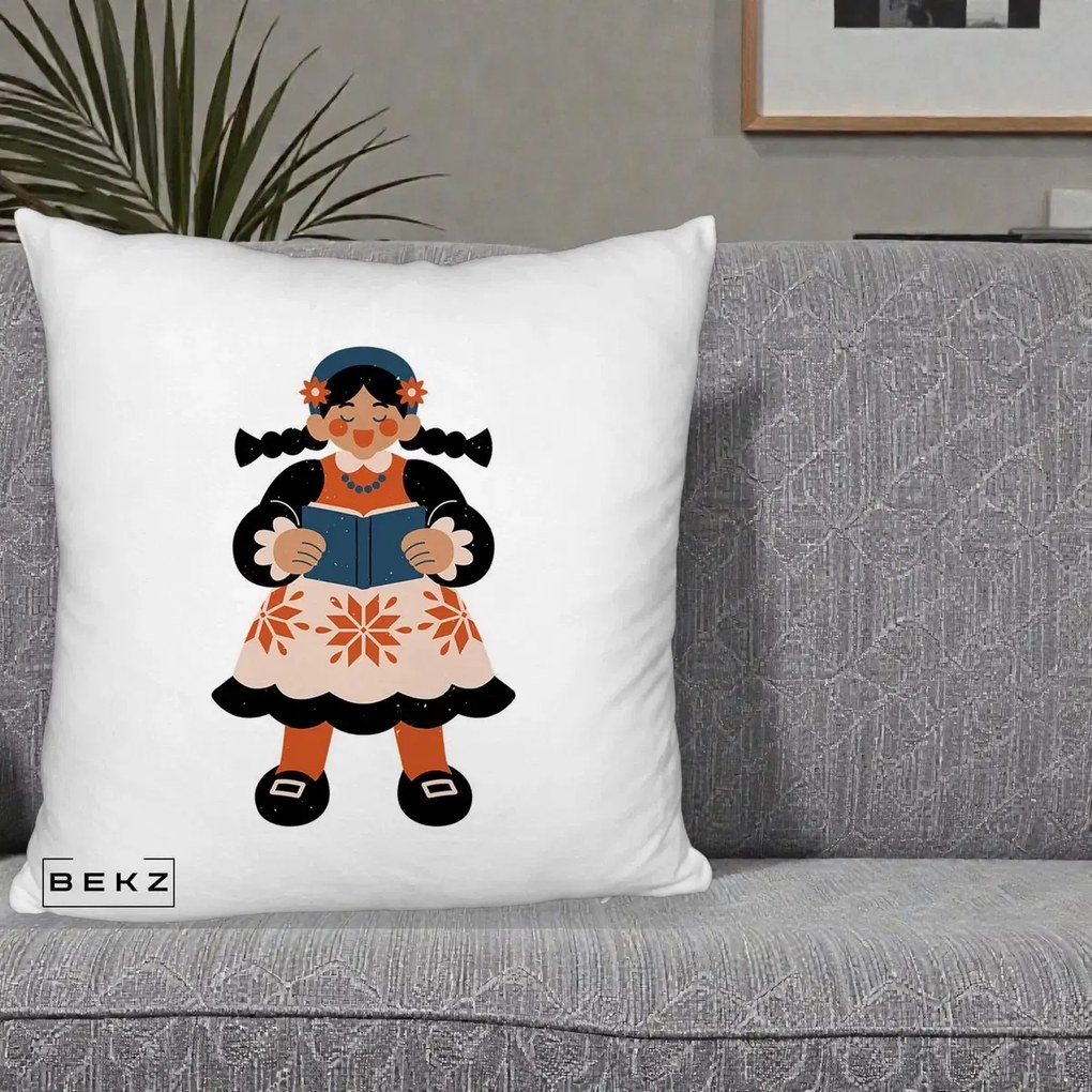 Perna Personalizata Fetita cu Carte Ilustratie Folk, 40x40 cm, Alb Pufos, Husa Detasabila, Perna Inclusa, BEKZ®