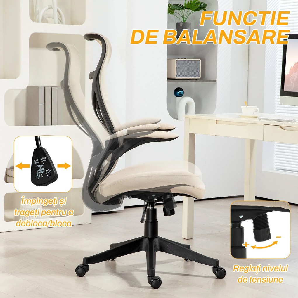 HOMCOM Scaun Ergonomic de Birou cu Brațe Rabatabile, Tetieră, Înălțime Reglabilă și Funcție de Leagăn, 66x66x121 cm, Bej | Aosom Romania