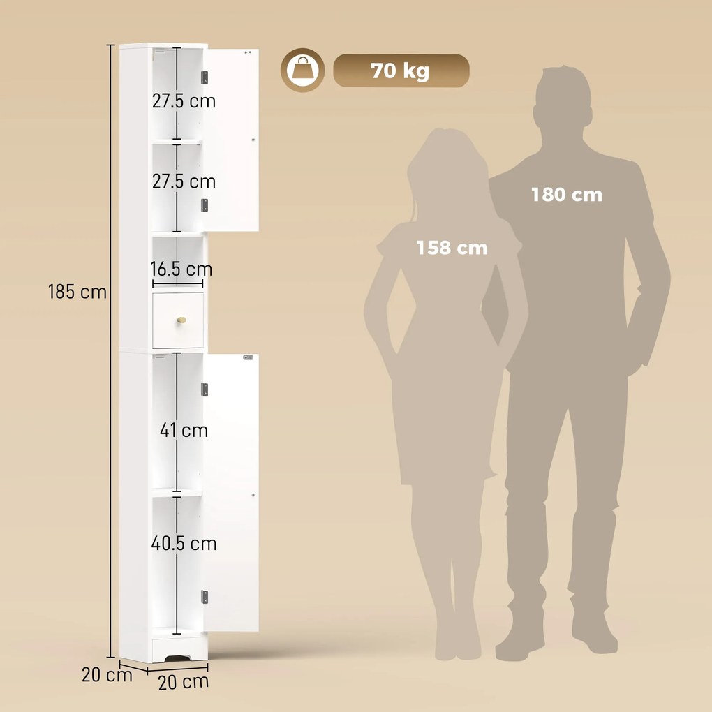 HOMCOM Dulap de baie îngust cu sertar uși arcuite compartiment deschis raft reglabil 20x20x185 cm Alb | Aosom Romania