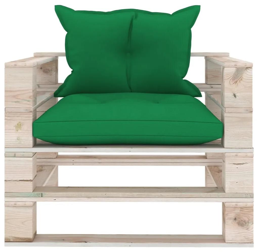 Canapea de gradina din paleti cu perne verzi, lemn de pin