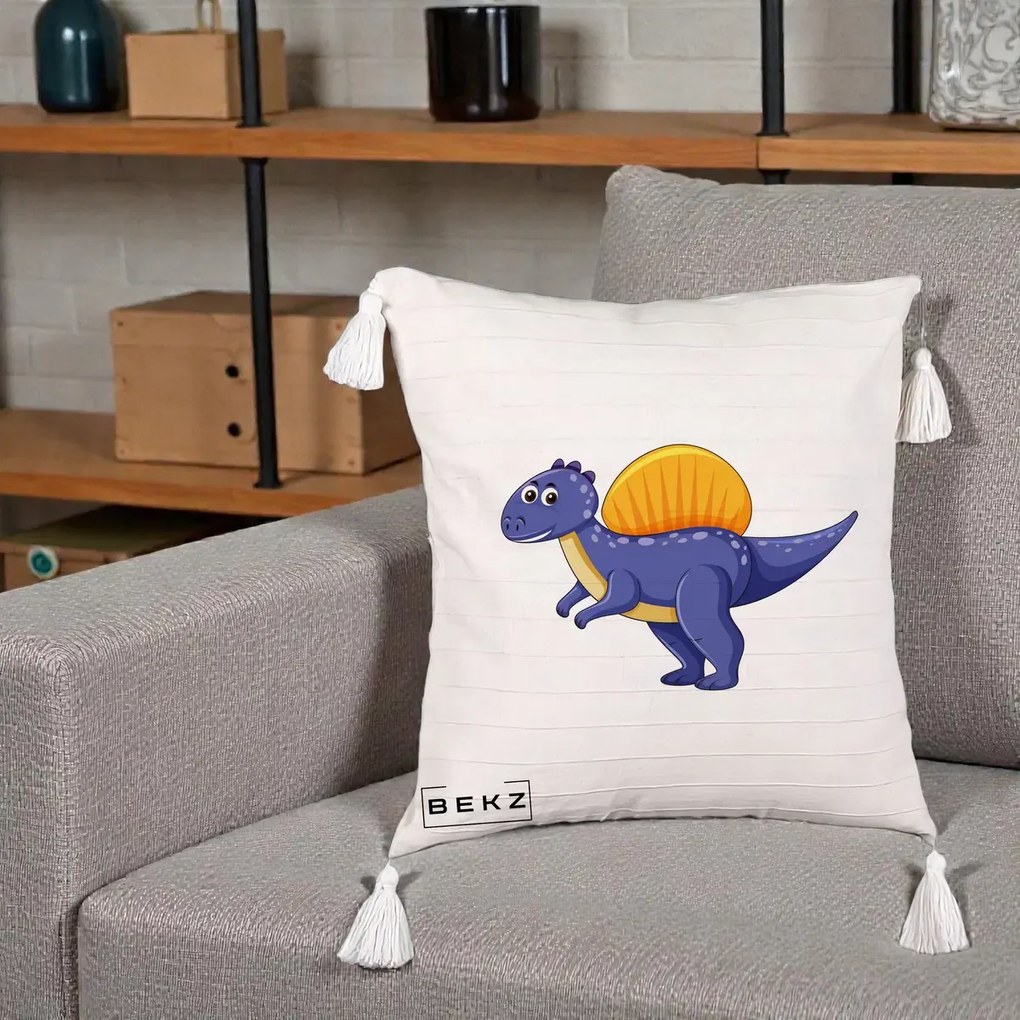 Perna Decorativa Spinozaur Kawaii, 40x40 cm, Bej cu Franjuri, Husa Detasabila, Perna Inclusa, BEKZ®