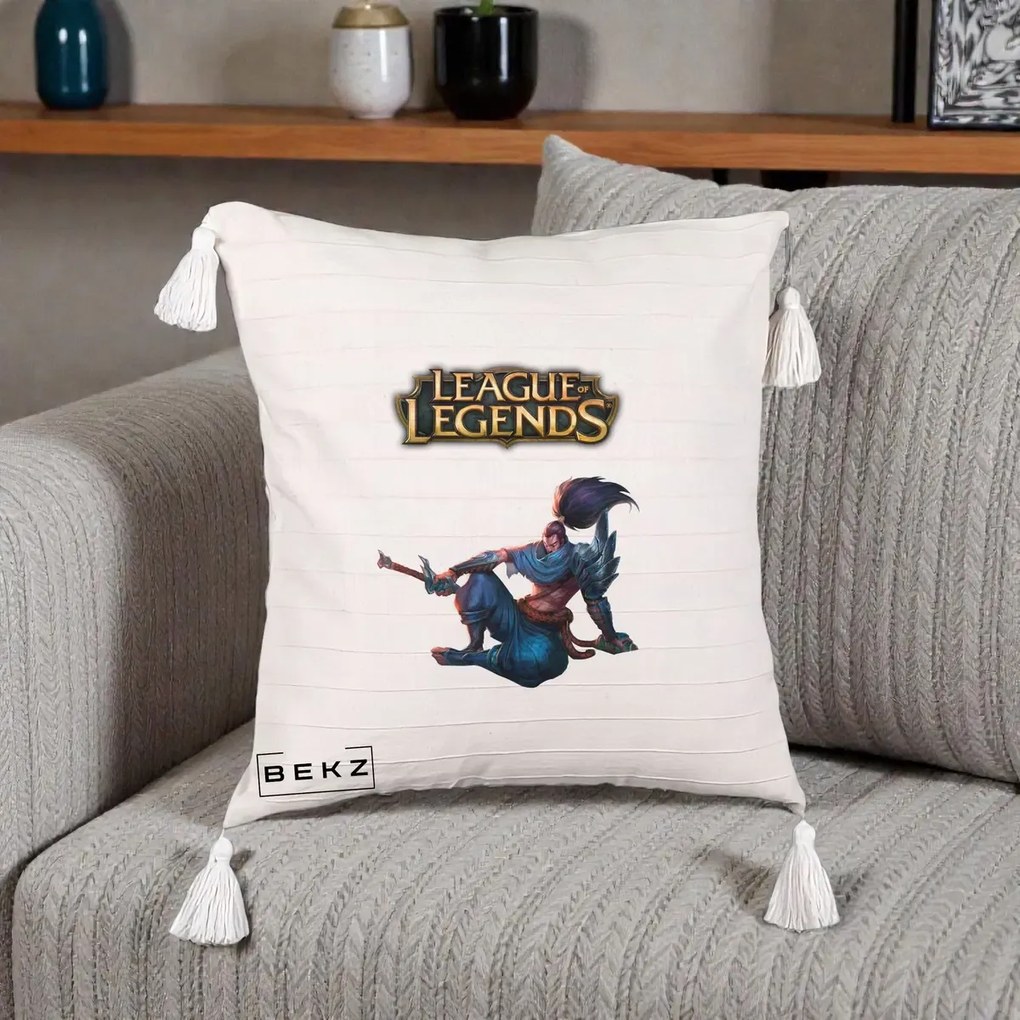 Perna Personalizata League of Legends Yasuo, 40x40 cm, Bej cu Franjuri, Husa Detasabila, Perna Inclusa, BEKZ®