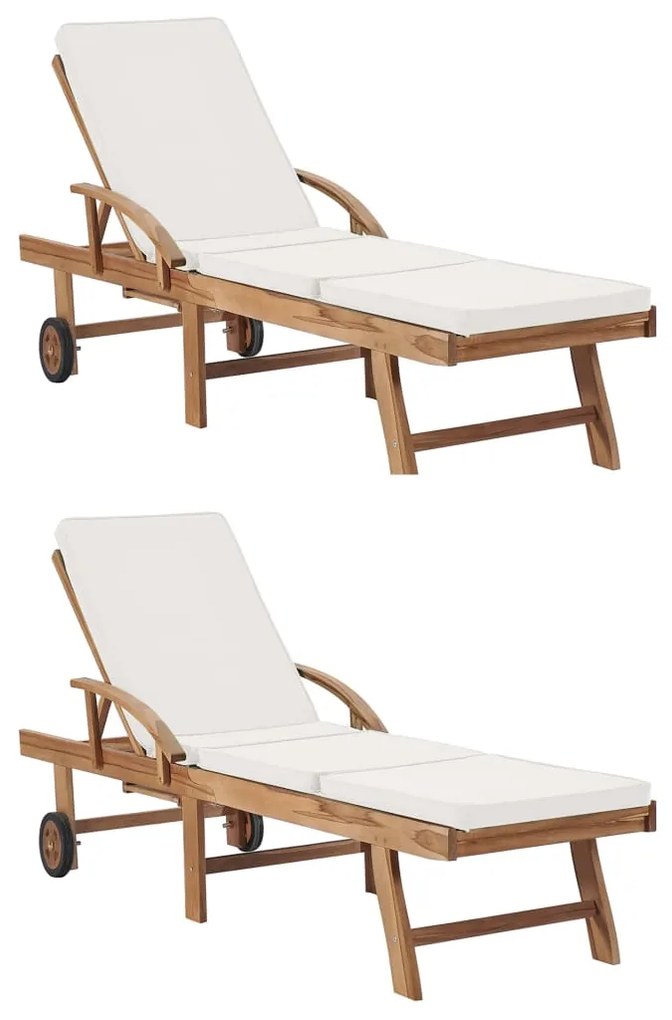 vidaXL Șezlonguri cu perne, 2 buc., crem, lemn masiv de tec
