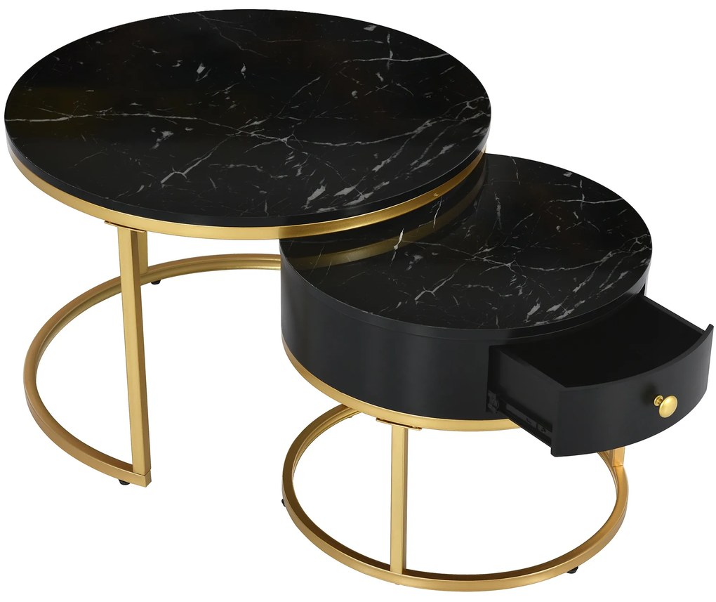 Set de 2 Măsuțe de Cafea Moderne Suprapuse cu Efect de Marmură Lucioasă, Structură din Metal, 70x70x48 cm și 50x50x43,5 cm, Negru