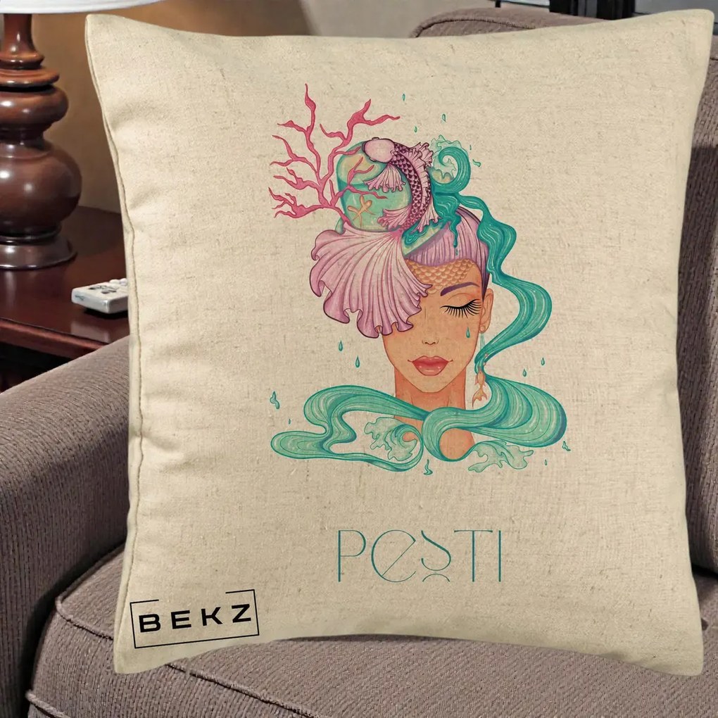 Perna Personalizata Zodiac Pesti Cowgirl, 40x40 cm, Bej, Husa Detasabila, Perna Inclusa, BEKZ®