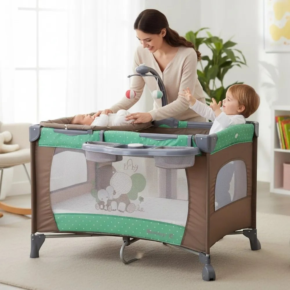 Patut Pliabil si Tarc copii Baby Care™ PRO FMAT, 2 Niveluri de inaltime, Cu melodii si Masa infasat, Carusel cu jucarii din plus, Plasa insecte,