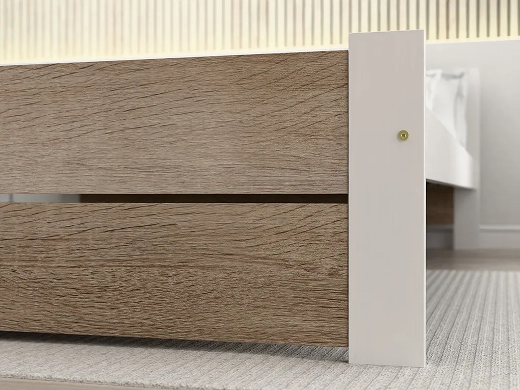 Pat dublu Culoare alb/stejar sonoma, IKAROS DOUBLE 160 x 200 cm Saltele: Cu saltele Deluxe 10 cm, Somiera pat: Cu lamele curbate
