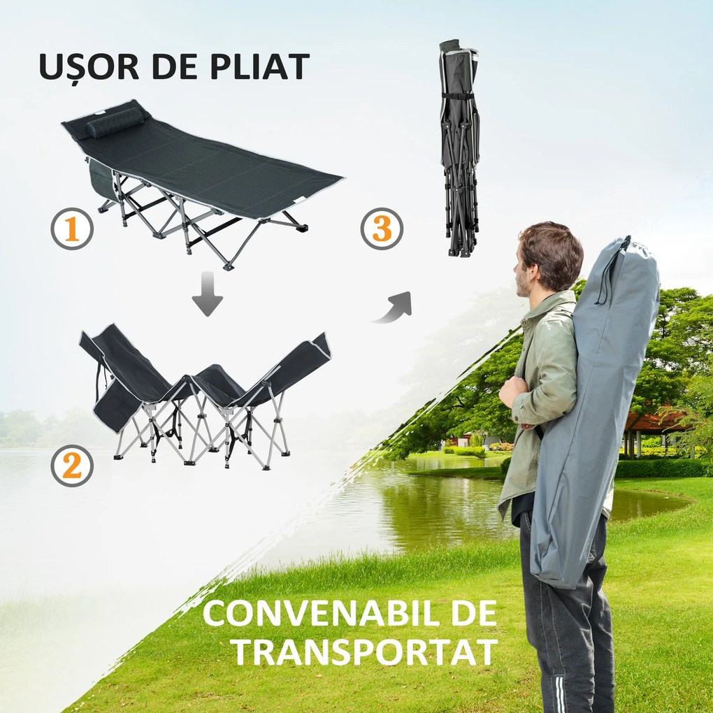 Outsunny Pat Pliabil cu Buzunare de Depozitare si Geanta pentru Transport, Pat de Camping Capitonat si Inaltat, 188x64.5x53 cm, Gri | Aosom Romania