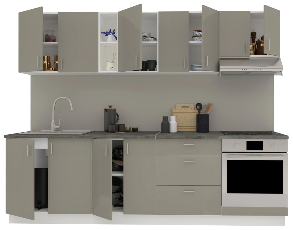 Set Bucatarie Karo V18, Gri Lucios/Alb, MDF, Blat Thermo 28 mm, L 260 cm