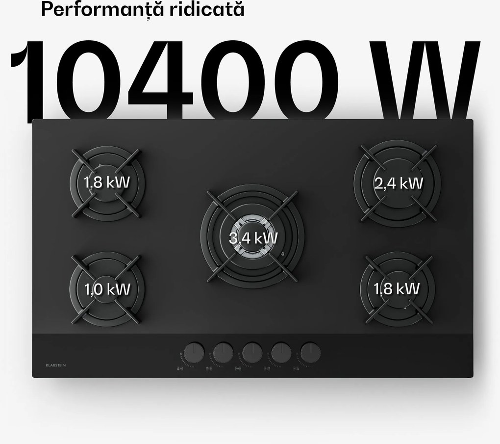 Klarstein Plita pe gaz Velaire, cu 5 arzătoare și aprindere electrică, compatibilă cu gaz natural și GPL, 10400 W, 90 cm.