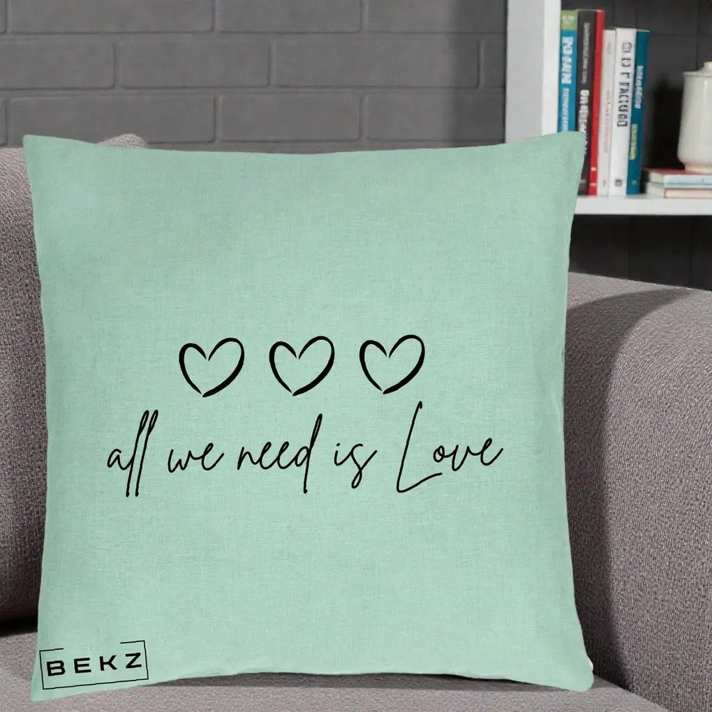Perna Decorativa All We Need Is Love, 40x40 cm, Verde Menta, Husa Detasabila, Perna Inclusa, BEKZ®
