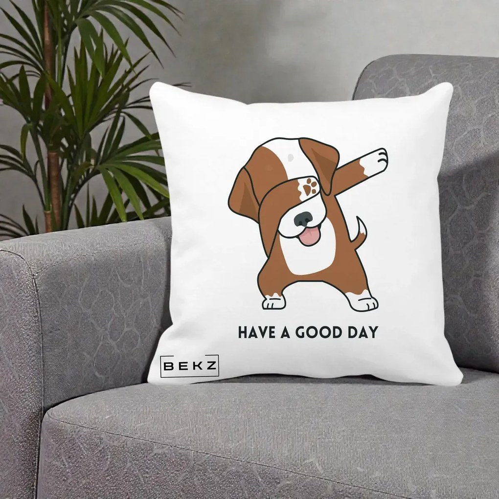 Perna Decorativa Caine Dab Have A Good Day, 40x40 cm, Alba Mata, Husa Detasabila, Perna Inclusa, BEKZ®