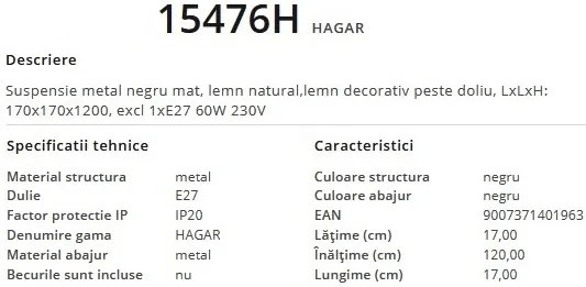 Pendul design modern HAGAR negru 15476H GL