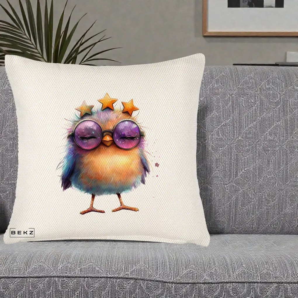 Perna Decorativa Pui Pop Star cu Ochelari Stele Violet, 40x40 cm, Crem Reliefat, Husa Detasabila, Perna Inclusa, BEKZ®