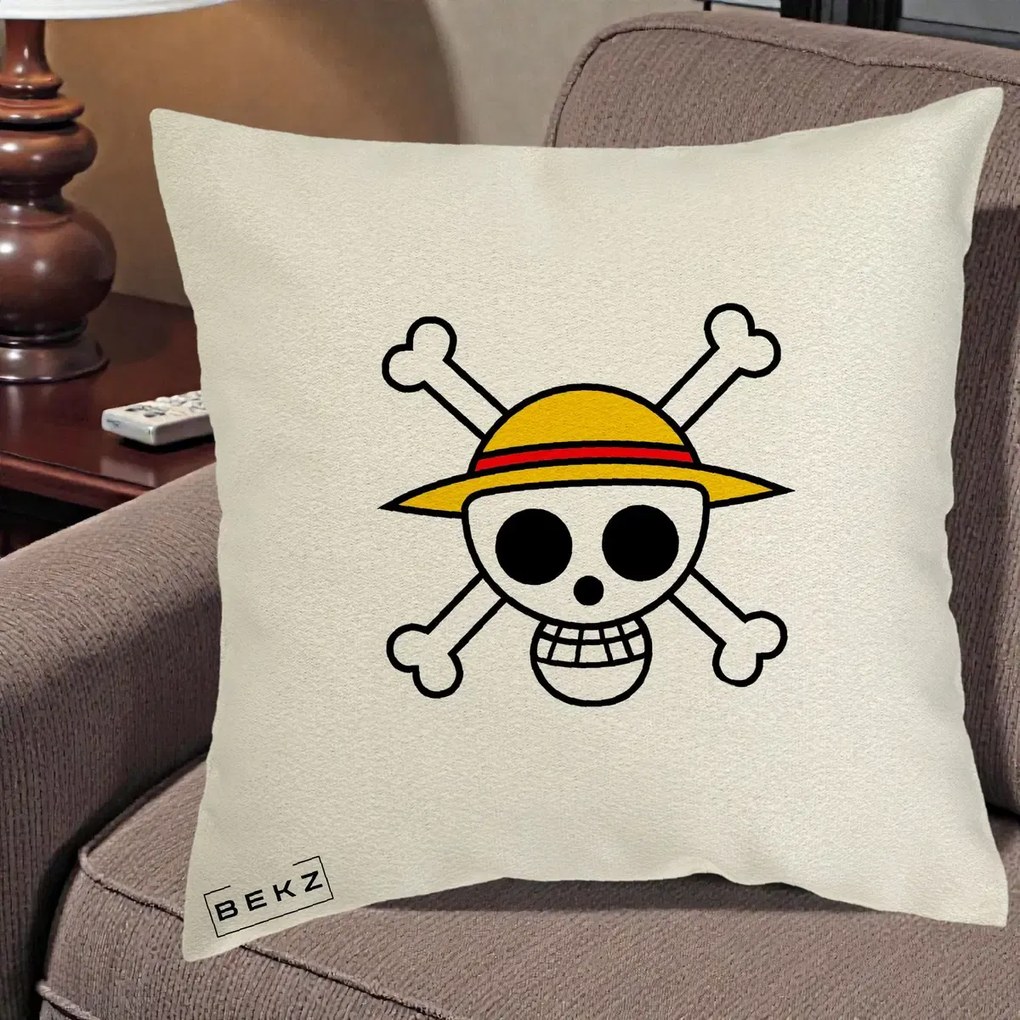 Perna Personalizata One Piece Jolly Roger Straw Hat Pirates, 40x40 cm, Ecru, Husa Detasabila, Perna Inclusa, BEKZ®