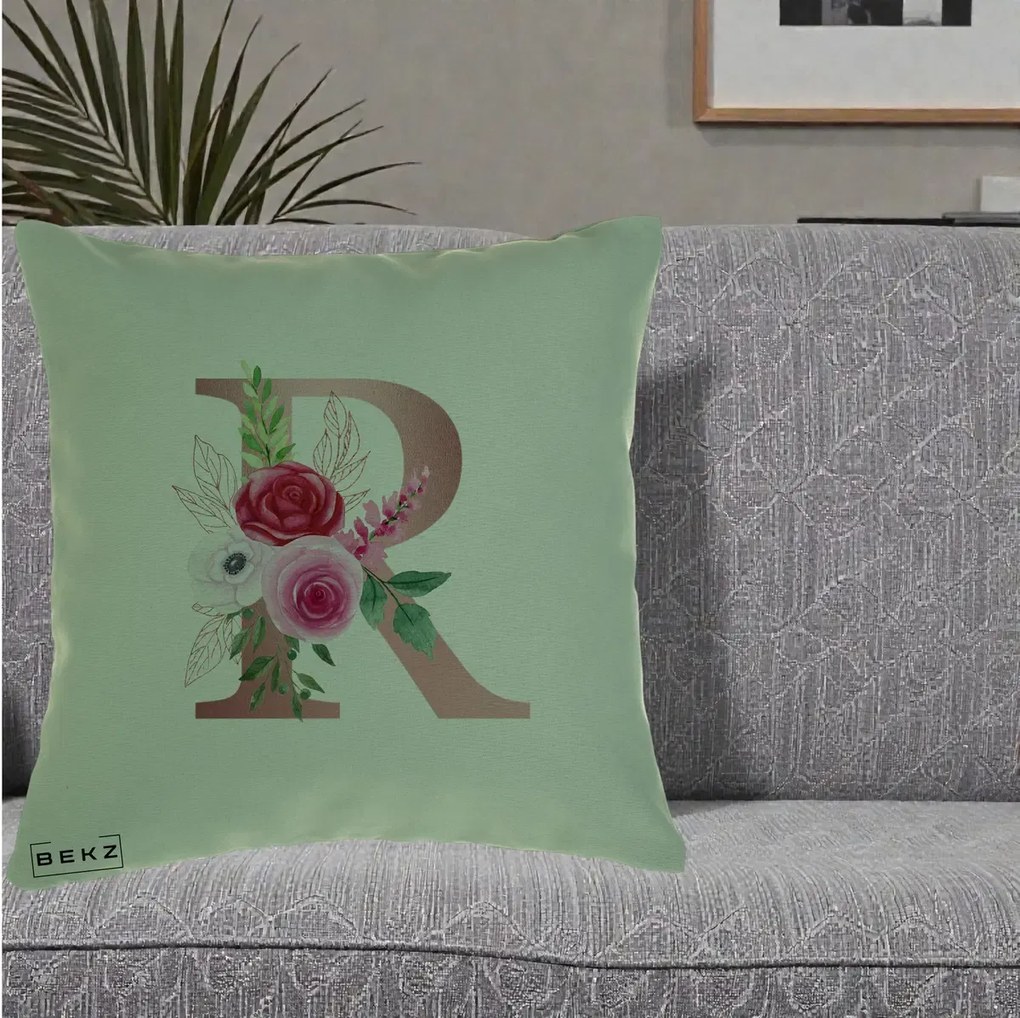 Cadou Personalizat - Perna Personalizata Monograma Rose Gold Litera R, 40x40 cm, Verde, Husa Detasabila, Perna Inclusa, BEKZ®