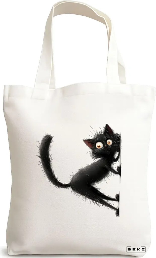 Sacosa de Panza pentru Cumparaturi, Geanta Tote, model What a cat 38 x 34.5 cm, Alba, BEKZ®