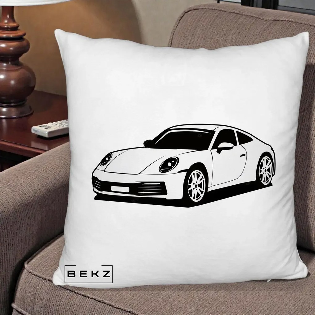 Perna Personalizata Porsche 911 Silueta, 40x40 cm, Alb Pufos, Husa Detasabila, Perna Inclusa, BEKZ®