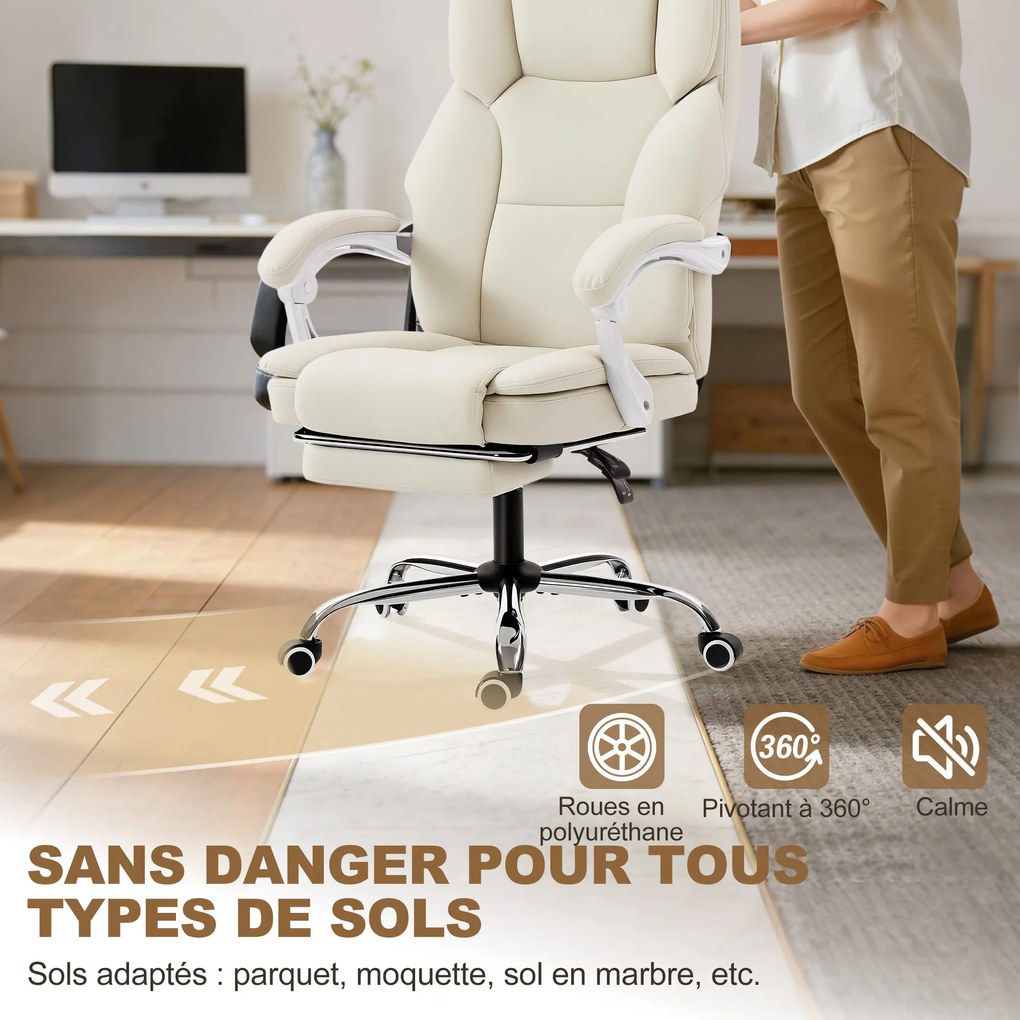 HOMCOM Scaun de birou ergonomic, fotoliu de birou cu spătar înclinat, înălțime reglabilă, 64x73x112-120cm, bej | Aosom Romania