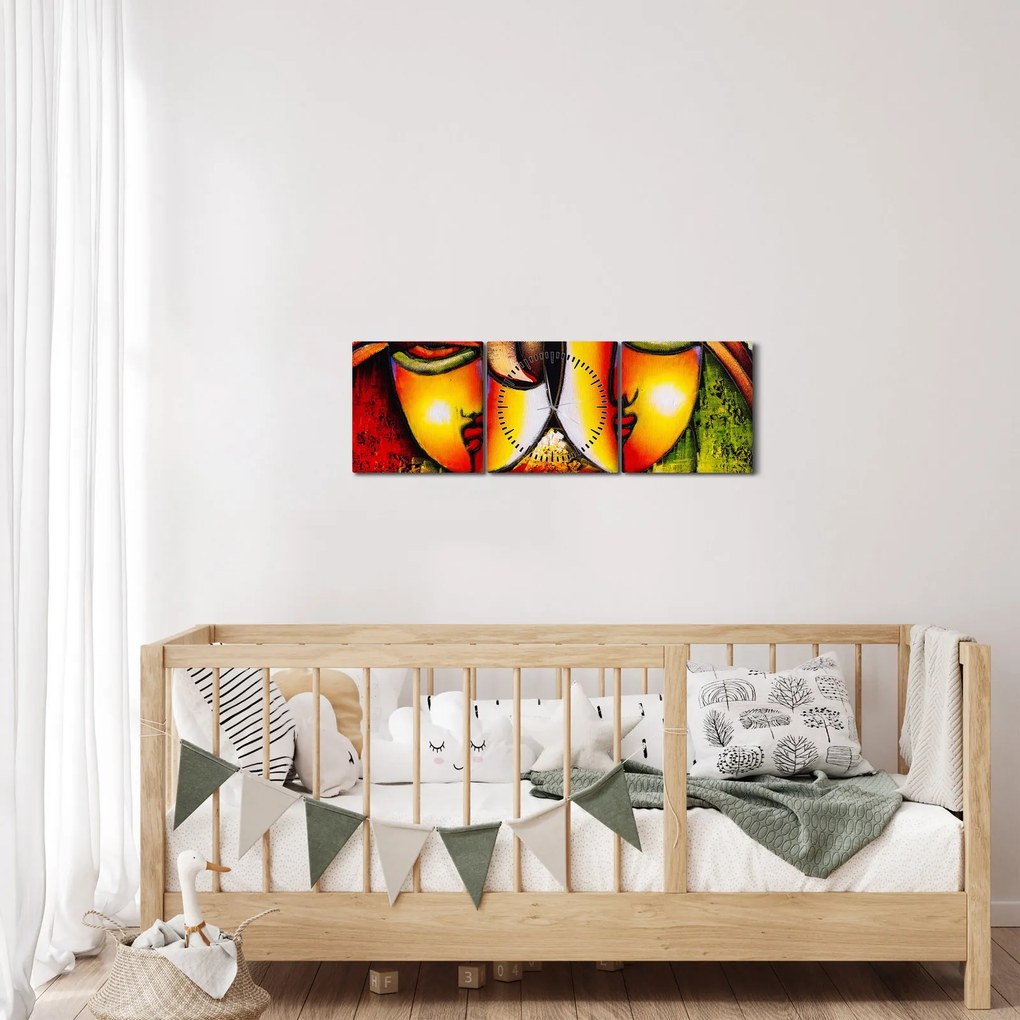 Tablou - Pictură în ulei, chipuri abstracte (cu ceas) (90x30 cm)