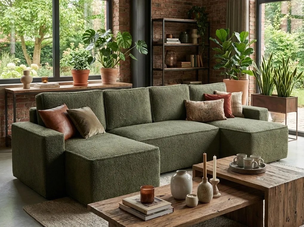 Coltar extensibil in forma de U SMART BOUCLE 303x143 cm, verde inchis
