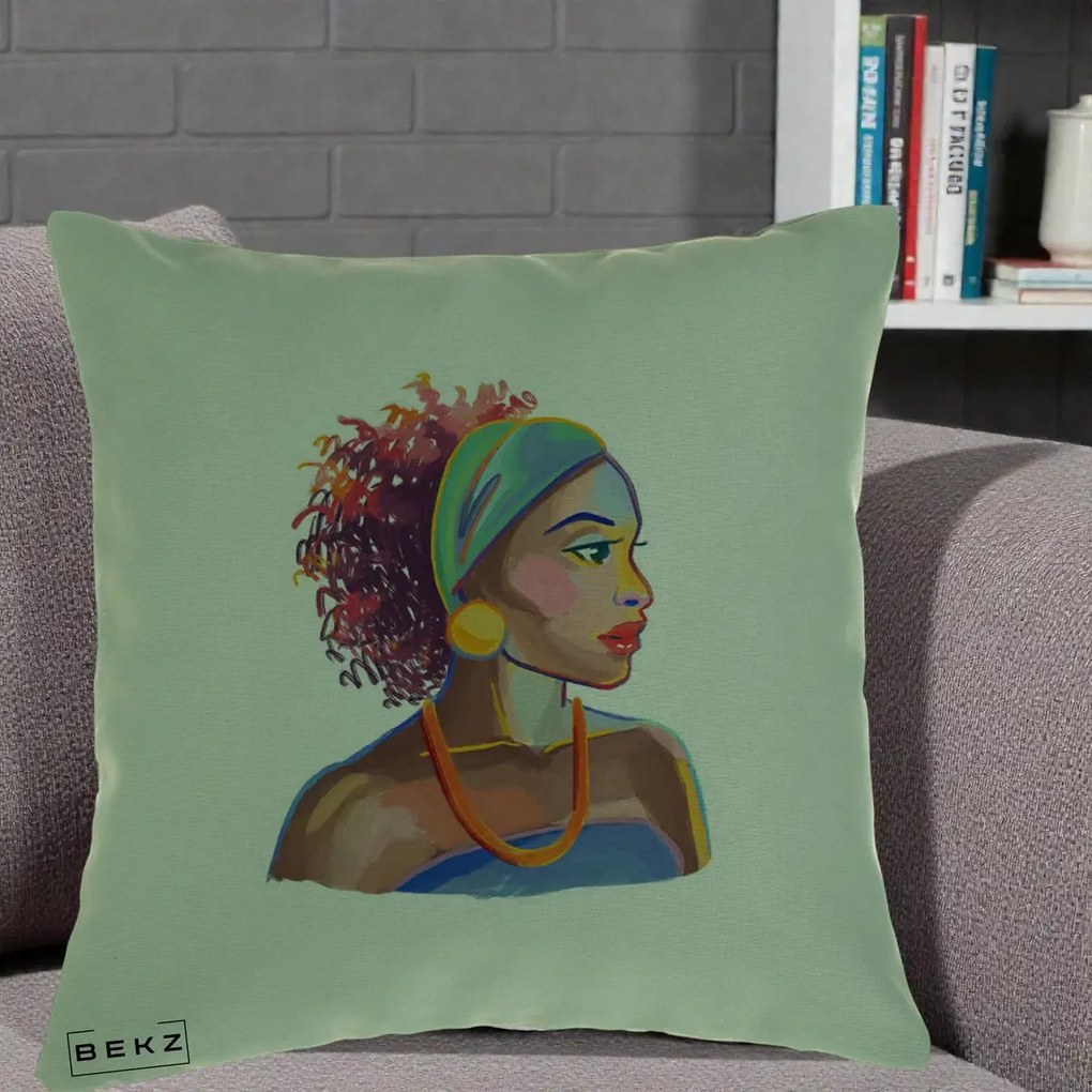 Perna Decorativa Portret Femeie Urbana Acuarela, 40x40 cm, Verde, Husa Detasabila, Perna Inclusa, BEKZ®