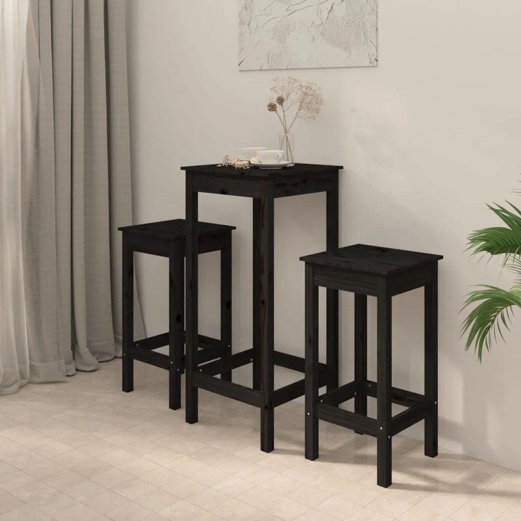 3188131 vidaXL Set mobilier de bar, 3 piese, negru, lemn masiv de pin