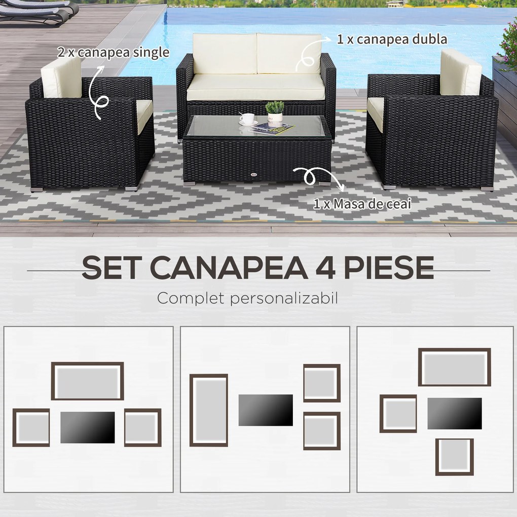 Outsunny Set Mobilier pentru Grădină 4 Piese din Rattan și Oțel Canapea Fotolii și Masă de Cafea Design Modern Crem | Aosom Romania