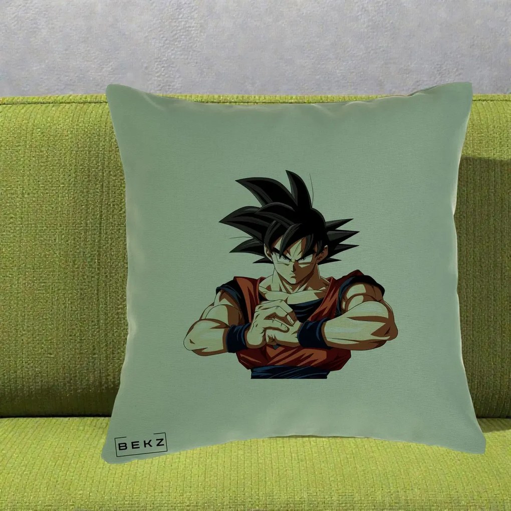 Perna Personalizata Dragon Ball Goku Portret Serios, 40x40 cm, Verde, Husa Detasabila, Perna Inclusa, BEKZ®