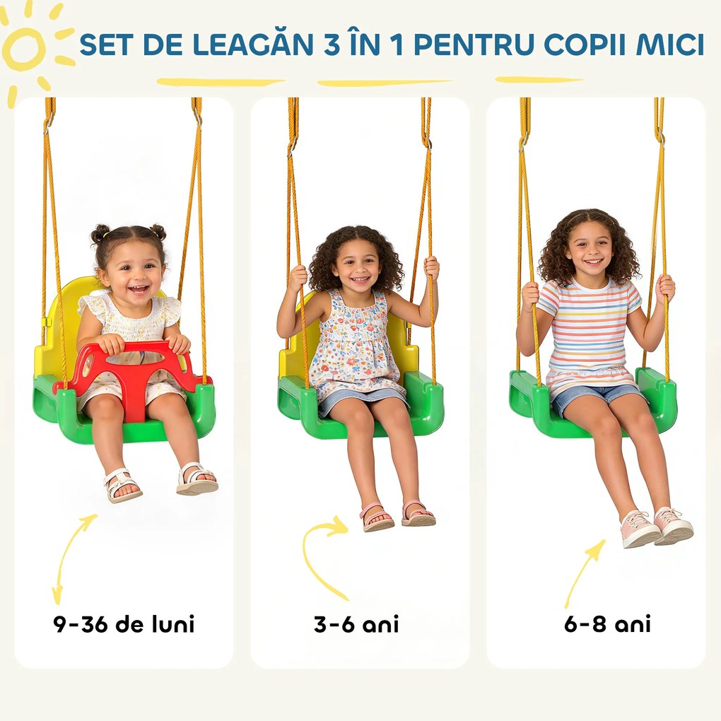AIYAPLAY Leagăn 3-în-1 pentru Grădină, Leagăn pentru Bebeluși de Interior și Exterior, Înălțime Reglabilă, Cadru Pliabil din Oțel, Centură de Siguranță, Ușor de Montat, 9 Luni-8 Ani, Verde | Aosom Romania