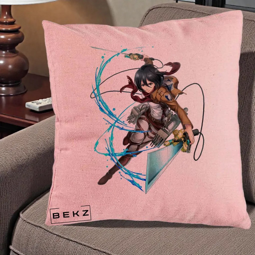 Perna Personalizata Attack on Titan Mikasa Ackerman Lupta, 40x40 cm, Roz, Husa Detasabila, Perna Inclusa, BEKZ®