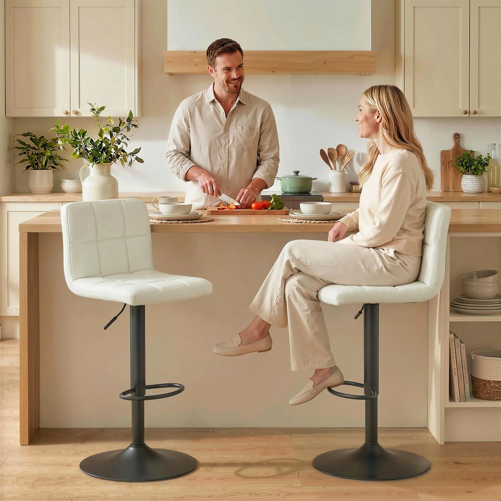 HOMCOM Set 2 Scaune de Bar din Piele PU cu Suport pentru Picioare, Scaune Rotative, Bucătărie, Crem | Aosom Romania