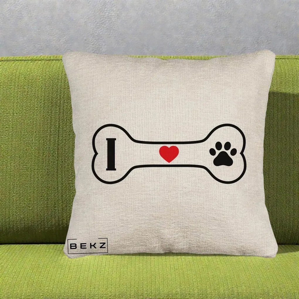 Perna Personalizata I Love Dog Os si Labuta, 40x40 cm, Bej Canapea, Husa Detasabila, Perna Inclusa, BEKZ®