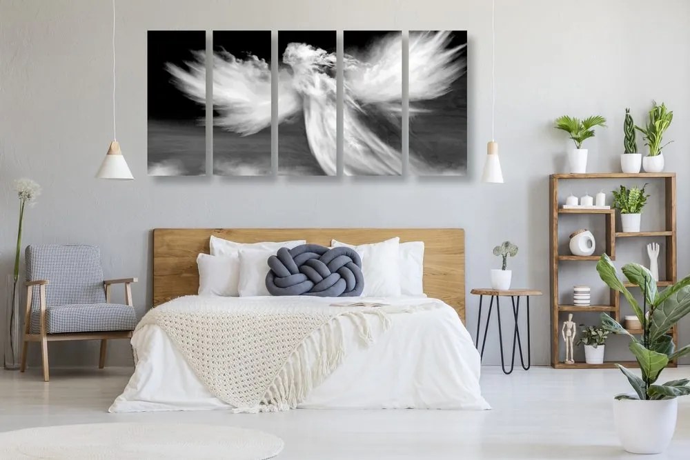 Tablou 5-piese formă de înger în nori în design alb-negru