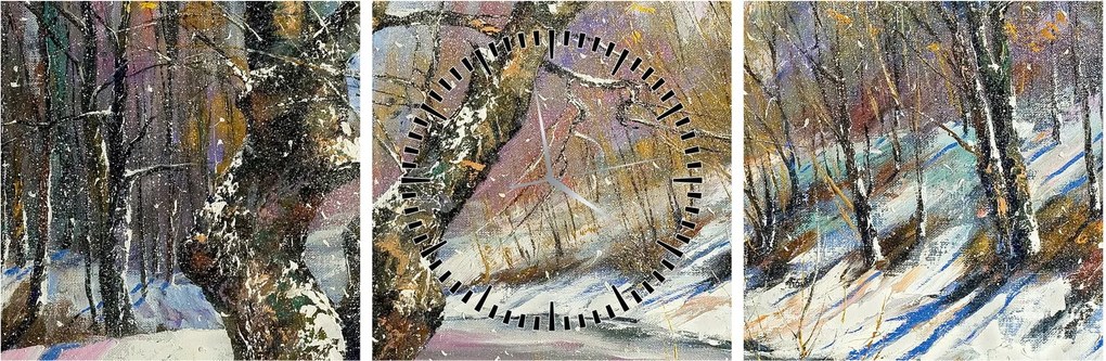 Tablou cu peisaj de iarnă pictat (cu ceas) (90x30 cm)