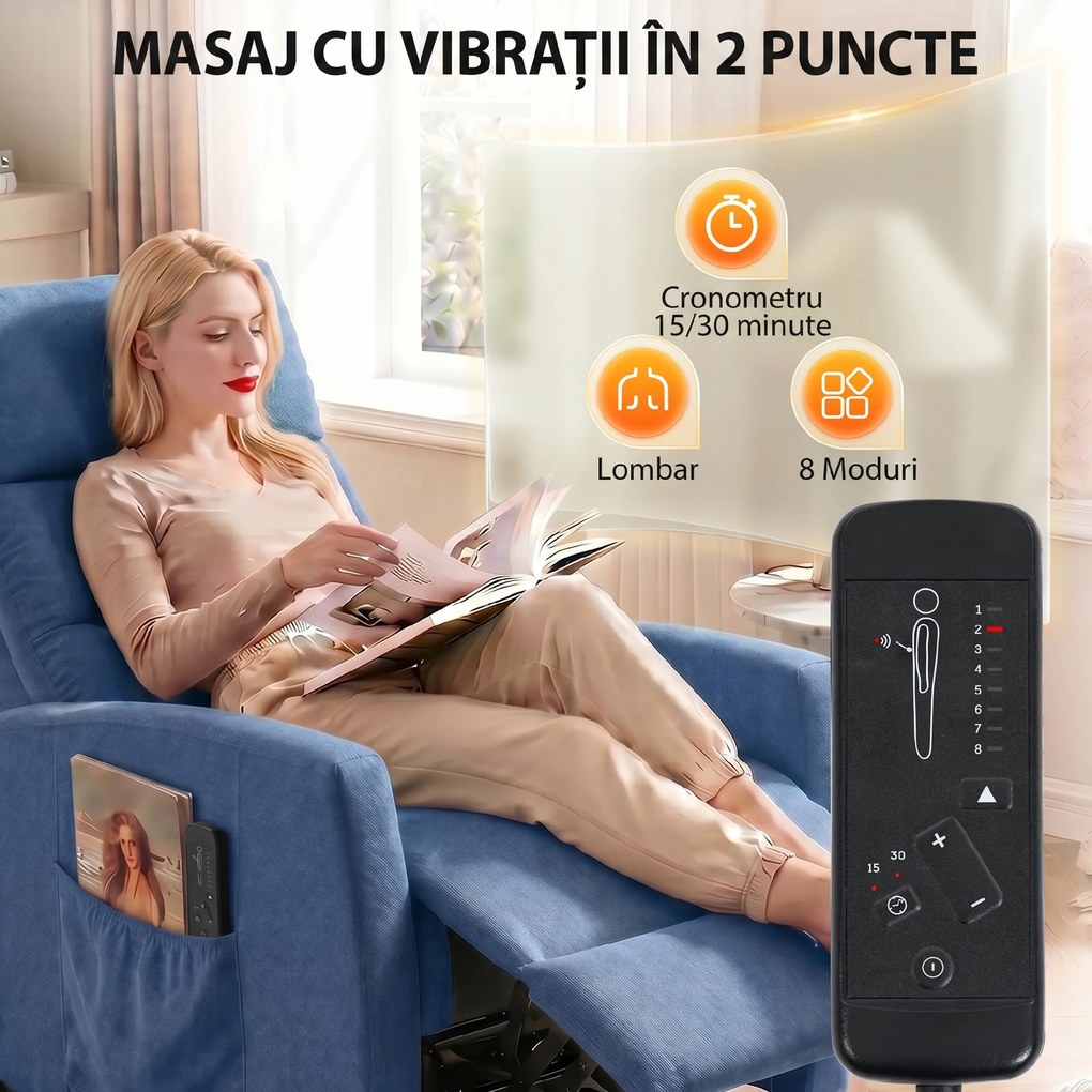HOMCOM Fotoliu Masant Reclinabil 160°, Chenille cu Suport pentru Picioare și Telecomandă, Albastru Închis | Aosom Romania