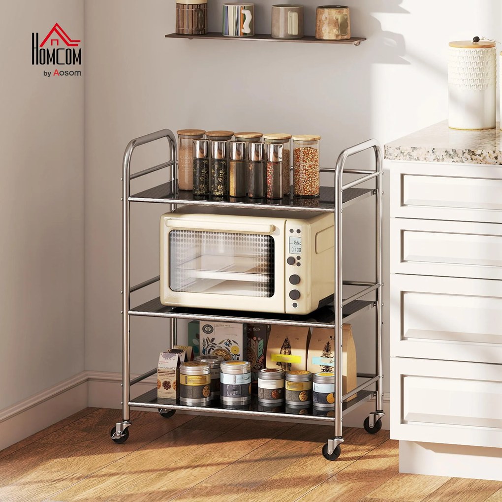 HOMCOM Cărucior de bucătărie cu 3 rafturi pe roți, cu mânere, argintiu | Aosom Romania