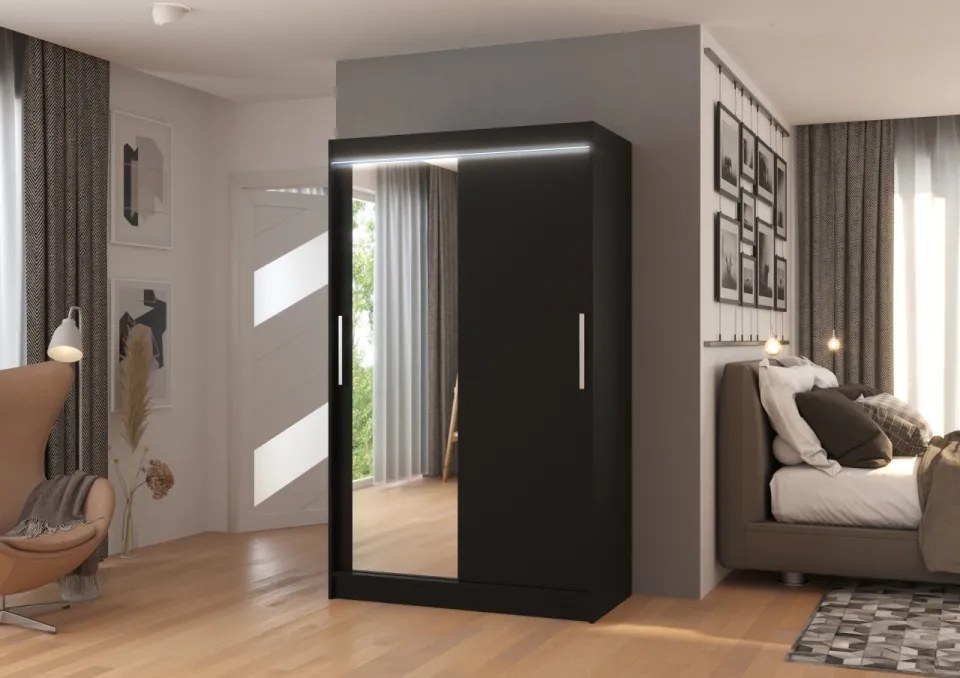 Dulap cu usi glisante si oglinda + iluminare LED, Bario 120 + LED, 120 cmx200 cmx58 cm, ADRK Furniture (Culoare: Ciocolata)