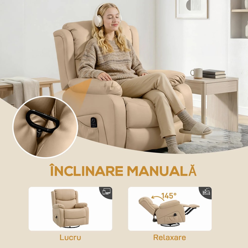 HOMCOM Fotoliu de Ralaxare cu 8 puncte de masaj și Încălzire, Fotoliu Reclinabil cu Suport pentru Picioare, 97x92x104 cm, Bej | Aosom Romania
