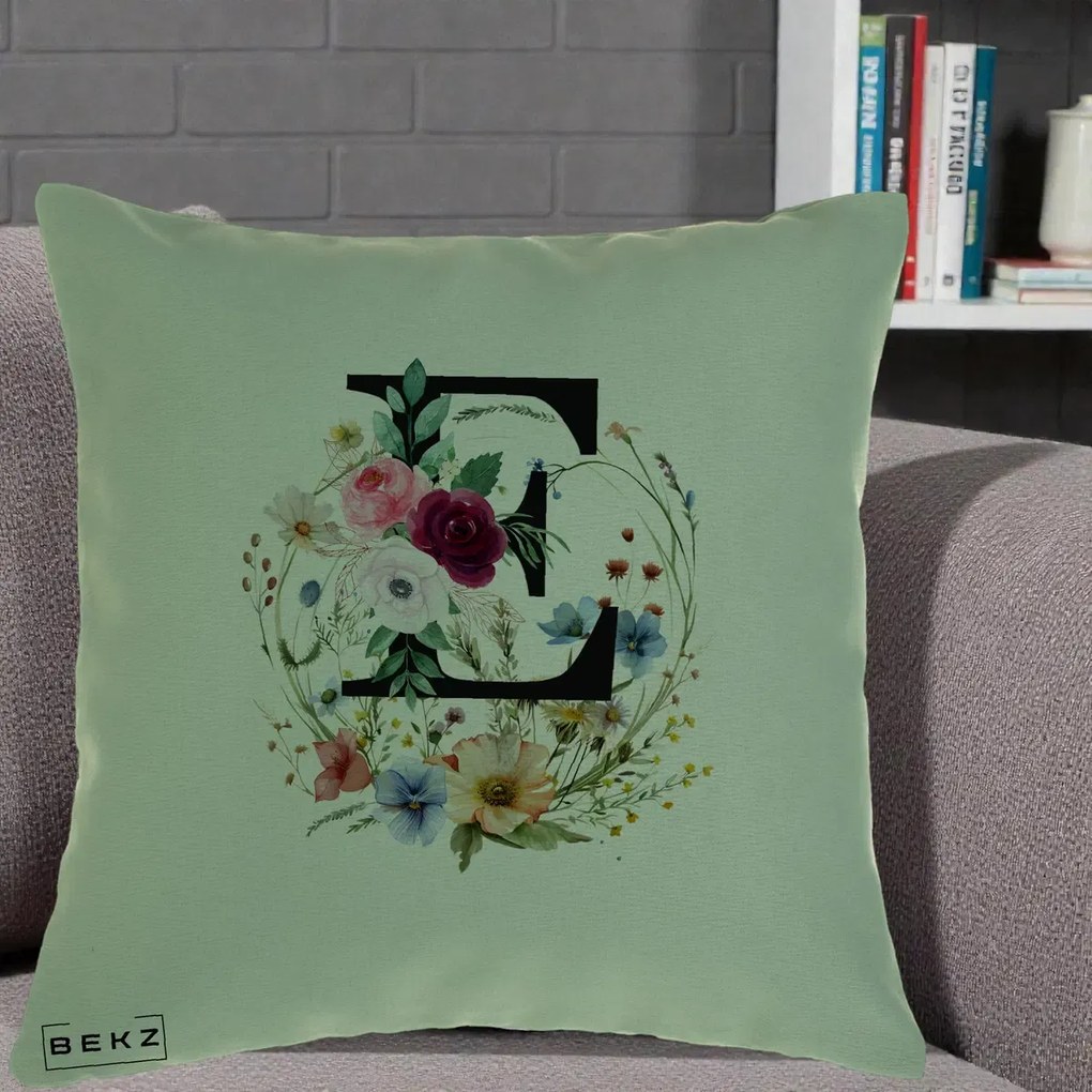 Cadou Personalizat - Perna Personalizata Monogram Litera E cu Flori Acuarela, 40x40 cm, Verde, Husa Detasabila, Perna Inclusa, BEKZ®