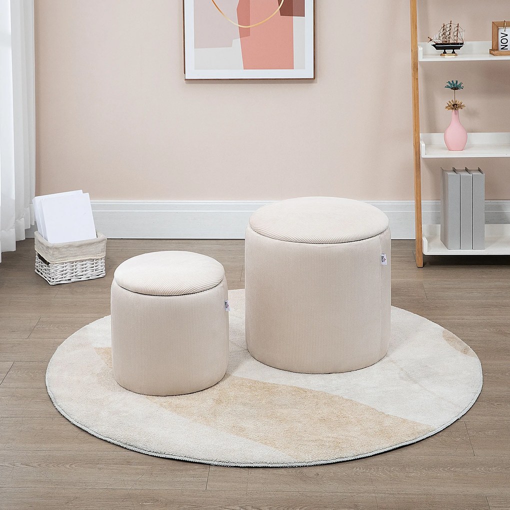 HOMCOM Set de 2 Pouf-uri pentru Depozitare Salvaspazio Rotunde și Îmbunătățite din Catifea cu Nervuri, Alb | Aosom Romania