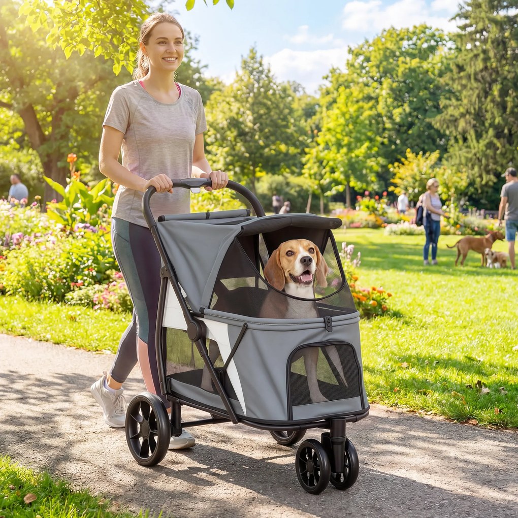 PawHut Cărucior pliabil pentru câini cu pernă lavabilă, ferestre din plasă, 3 roți, pentru câini de talie medie până la 20 kg, Gri | Aosom Romania