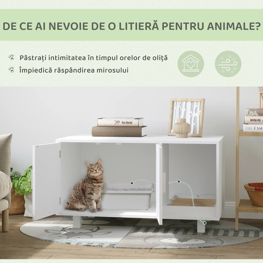 PawHut Mobilier din Lemn pentru Litiera Pisicilor, cu 2 Uși și Deschidere Laterală, 91x52x50,5 cm, Alb | Aosom Romania