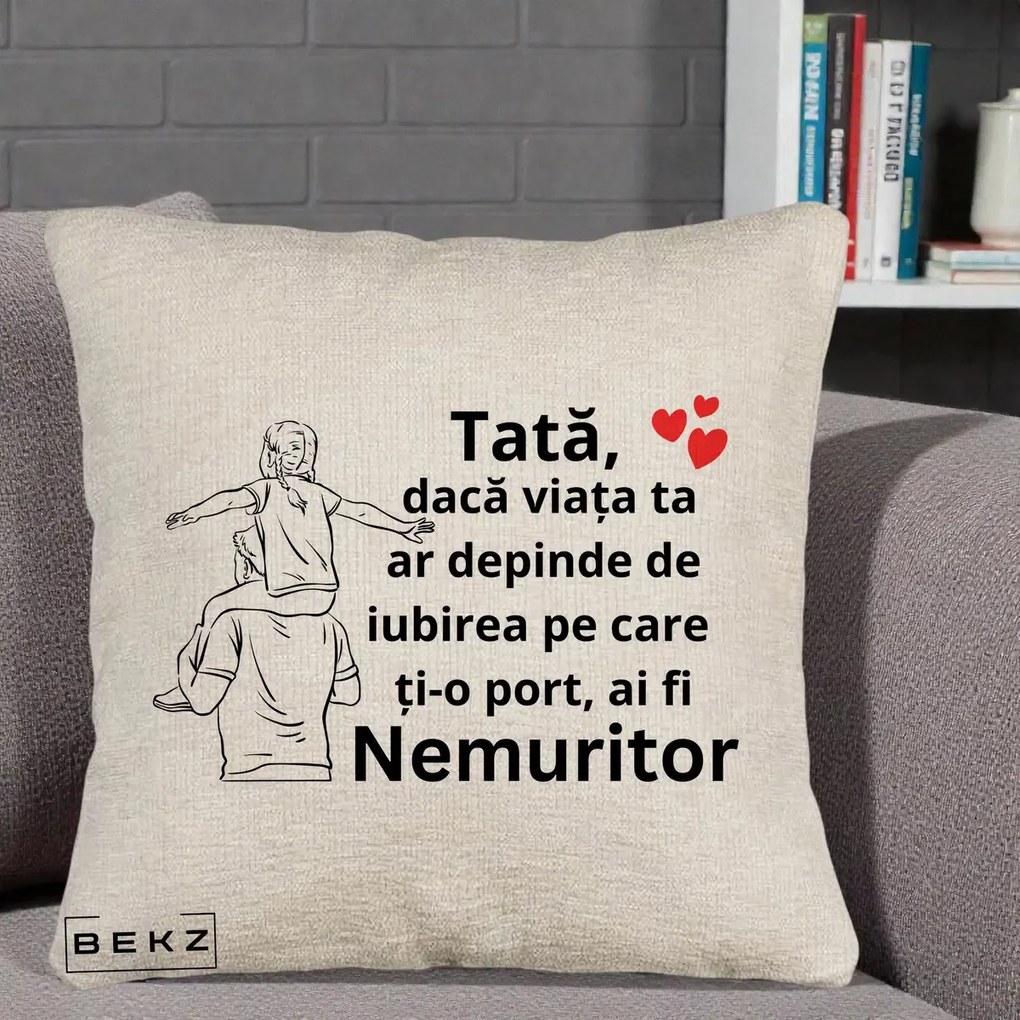 Cadou pentru Tata - Perna Personalizata Tata Supererou Nemuritor, 40x40 cm, Bej Canapea, Husa Detasabila, Perna Inclusa, BEKZ®