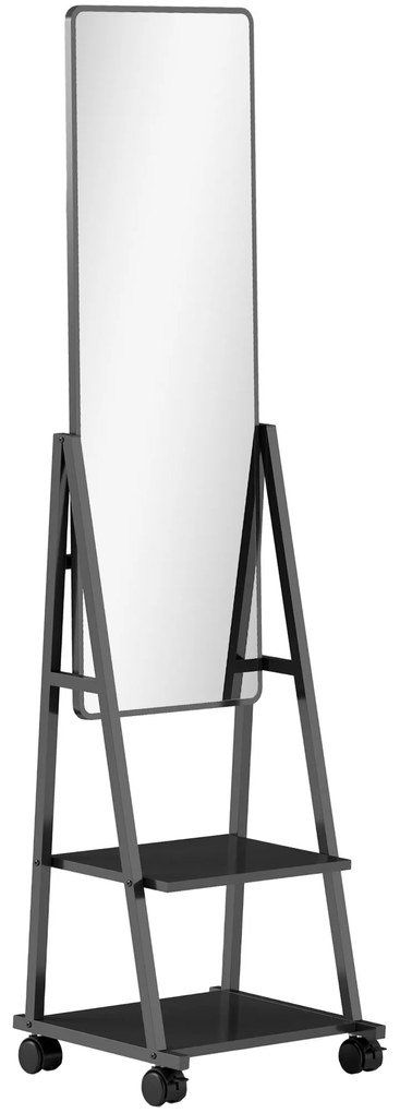 HOMCOM Oglindă Verticală cu 2 Rafturi și 4 Rotile, Oglindă de Podea din Oțel și PAL, 42x37x155 cm, Negru | Aosom Romania