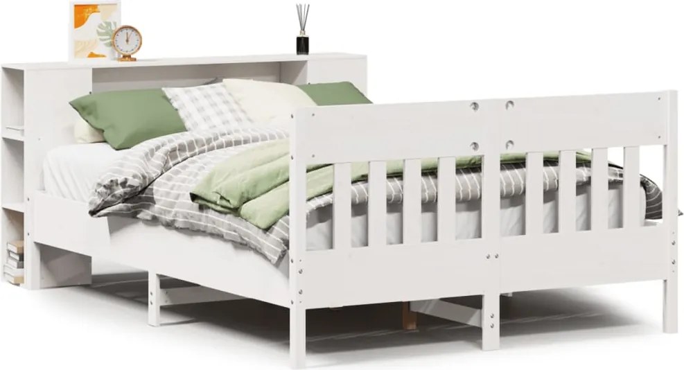vidaXL Pat cu bibliotecă fără saltea, alb, 140x190 cm, lemn masiv pin