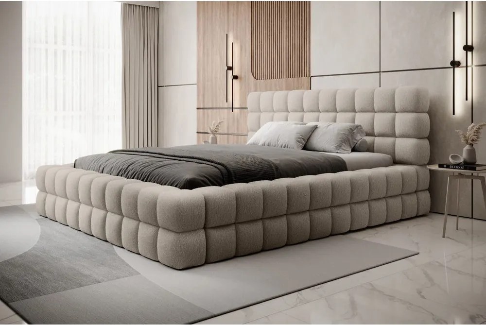 Pat matrimonial bej tapițat cu spațiu de depozitare cu somieră 160x200 cm Dizzle – ELTAP