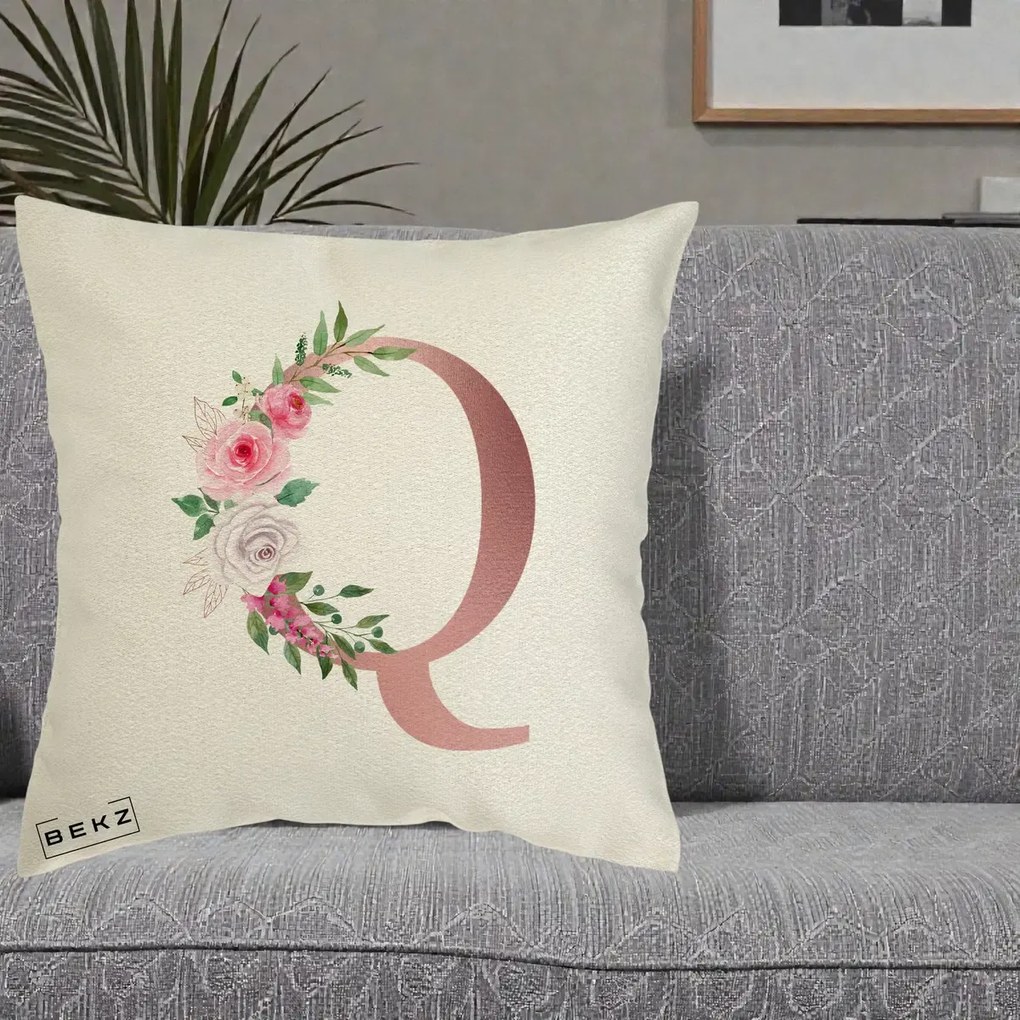 Cadou Personalizat - Perna Personalizata Monograma Rose Gold Litera Q, 40x40 cm, Ecru, Husa Detasabila, Perna Inclusa, BEKZ®