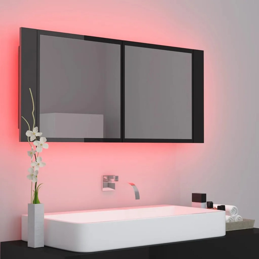 Dulap de baie cu oglinda si LED, negru extralucios 100x12x45 cm negru foarte lucios