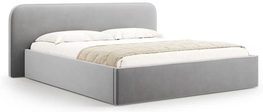 Pat matrimonial gri deschis tapițat cu spațiu de depozitare cu somieră 160x200 cm Elizabeth – Micadoni